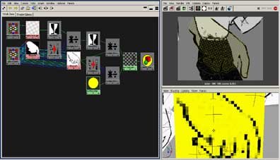 procedural "halftone screen" shading network (left) and render view (upper right)